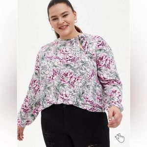 Torrid Georgette Bow Tie Blouse Top Floral Print with Peonies Size 1 Office Work